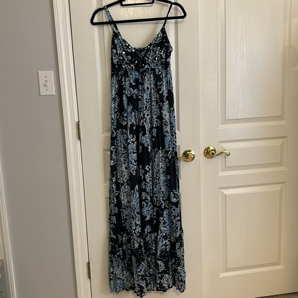 INC cotton, size 2, blue floral and sequined maxi dress